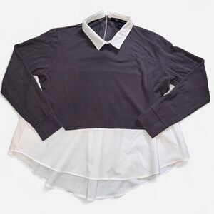 French Connection Grey and White Collared Blouse Top with Zipper Back (Size S)